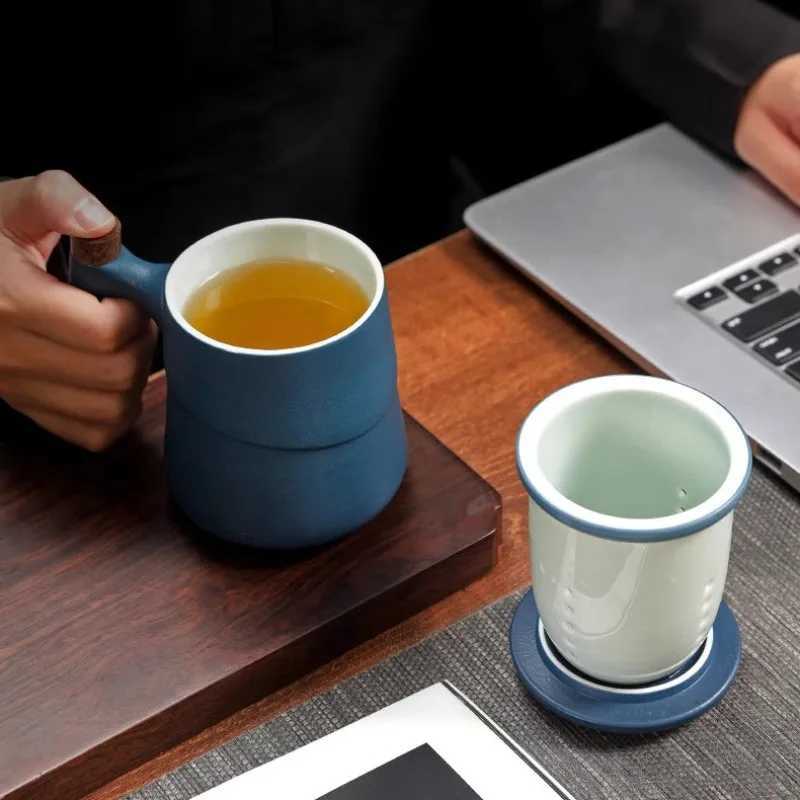 Black Ceramic Cup Wooden Handle Filter Tea Cup Ceramic Mug Creative Office Retro Water Cups and Mugs China Set Birthday Gift Box C251210