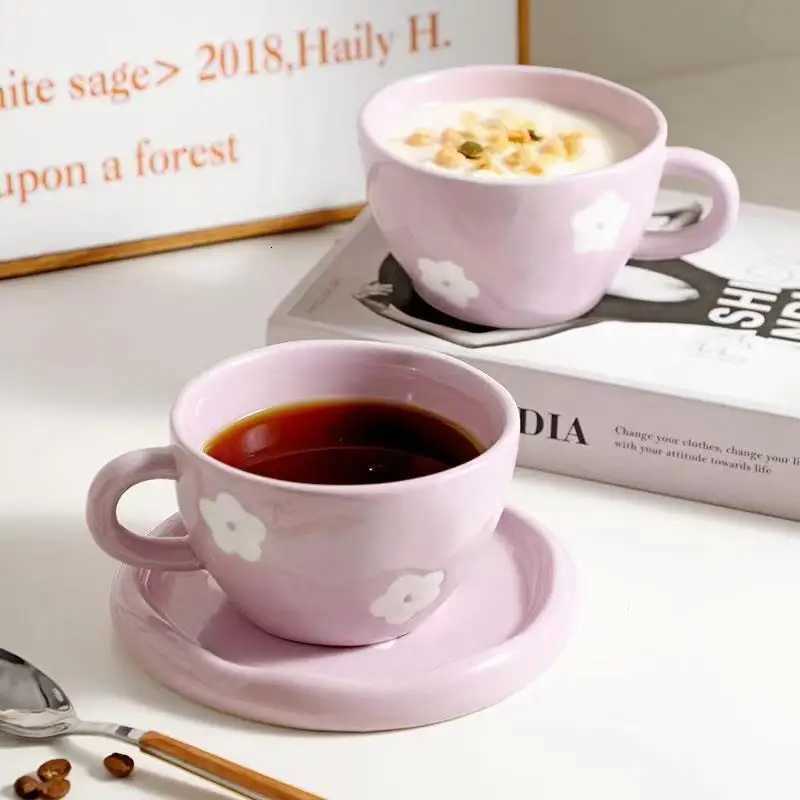 250ml Japanese Retro Hand-Painted Purple Small Flower Ceramic Cups with Saucers Hand Pinched Irregular Coffee Mug Set C251210