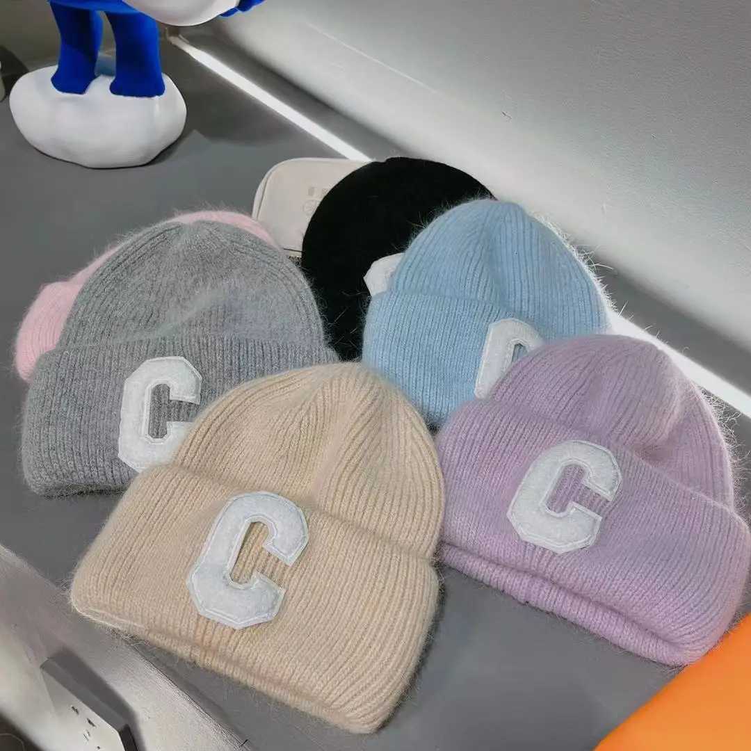 Luxury Unisex Letter C Rabbit Fur Knitted Beanie Hat Winter Wool Skullies Skiing Caps Luxury Hat Lady Outdoor Warm Walking Bonnet Y251209