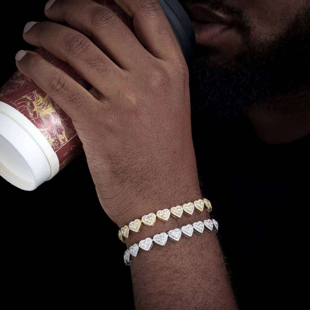 Hip Hop 8mm White Gold 925 Sterling Silver VVS Moissanite Diamond Iced Out Three Stone Heart Link Tennis Bracelet for Men Women