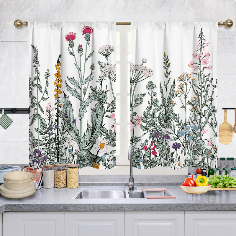 YL-37932 Spring Floral Digital Print Kitchen Filter Curtain Living Room Cafe Bathroom Short Curtain Rod