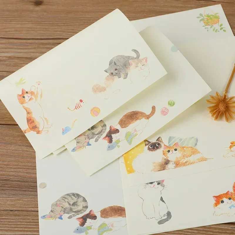 9pcs/set Cartoon Cats Envelopes with Letter Pads Cute Letter Writing Paper Wedding Invitation Cards Postcards Cover Stationery H251210