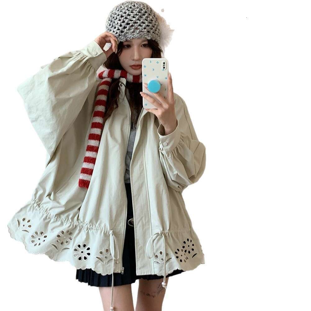 South Korea Autumn New Korean Style Design Stand Collar Flower Bud Hollow Drawstring Trench Coat Short Jacket For Women B5