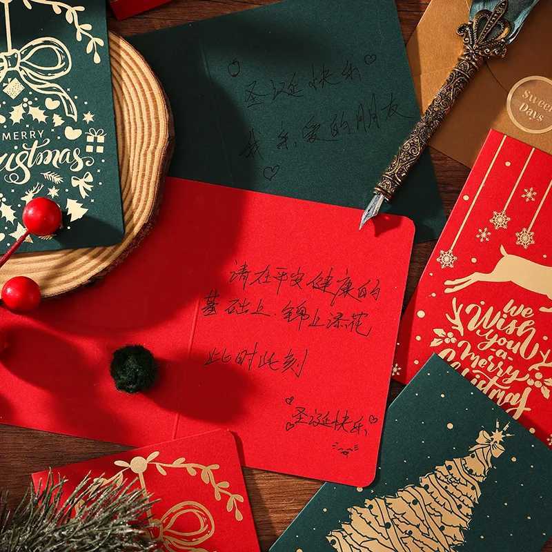 6pcs Christmas Greeting Card Red Green Hot Stamping Christmas Blessing Greeting Cards Envelope New Year Postcard Gift Card 2025 H251210