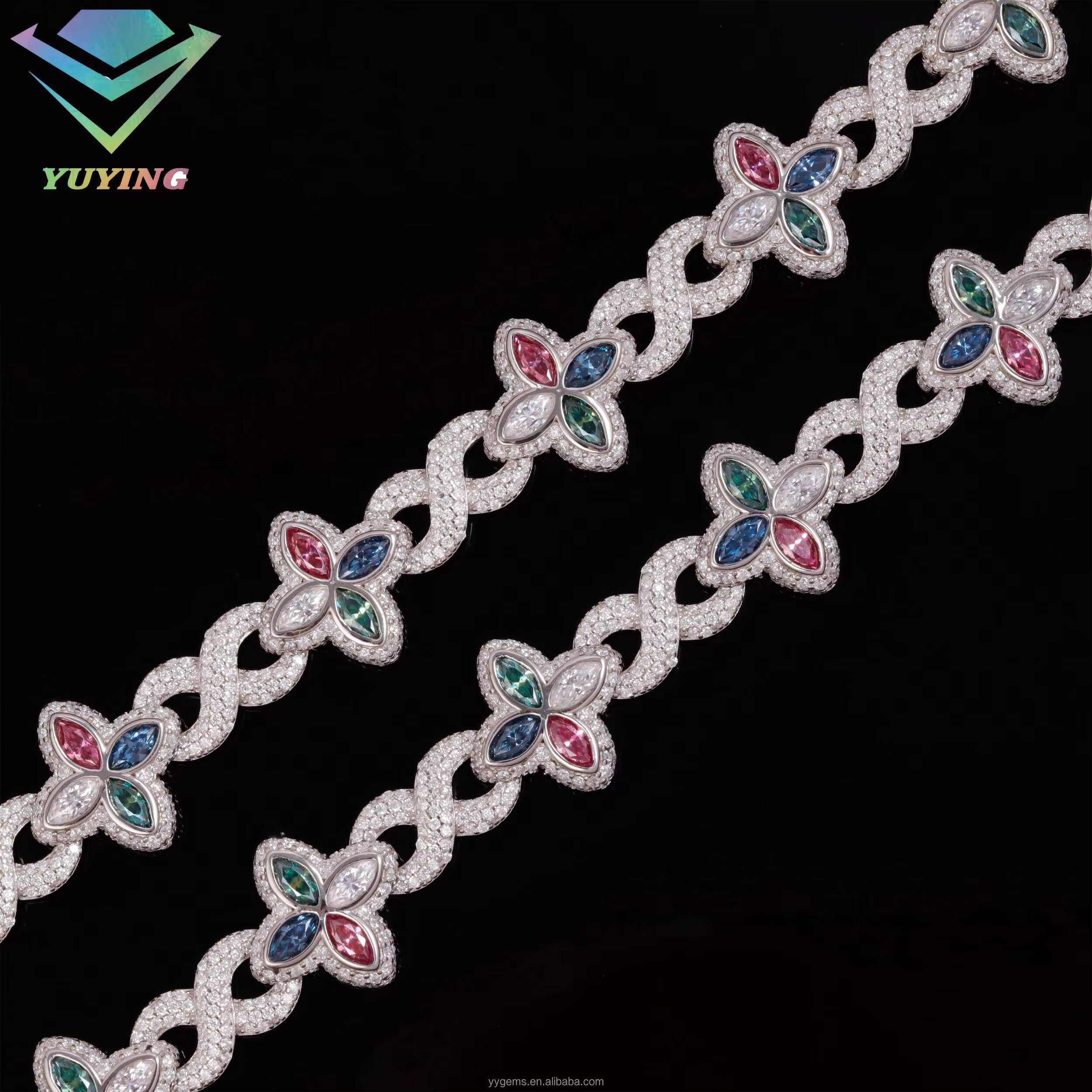 Fashion Hip Hop Jewelry Gold Plated 925 Sterling Silver Colored Moissanite Diamond Four Leaf Clover Necklace Cuban Link Chain