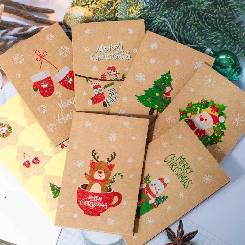 6Sets Christmas Greeting Cards Vintage Kraft Gift Card with Envelope Sticker Santa Claus Reindeer Assorted Holiday Postcard H251210