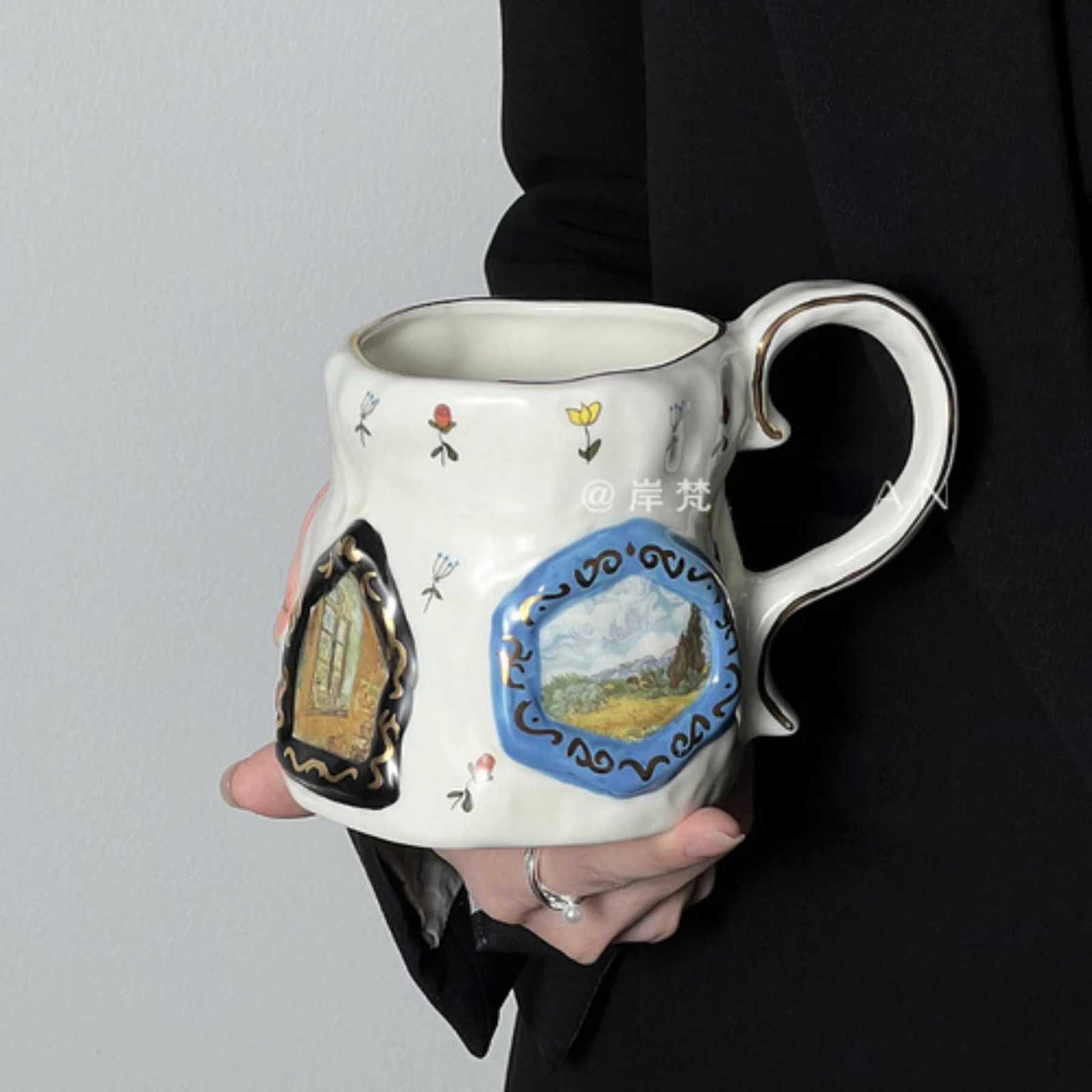 Retro Hand-painted Ceramic Mug Gold Painted Coffee Mugs Large Capacity Breakfast Milk Cups Couple Tea Cup Set Gift C251210