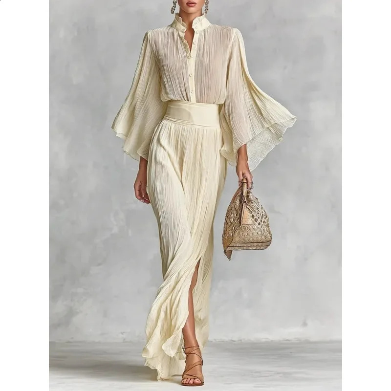 Tinaa Apricot Womens Suit 2026 Spring Ruffles Neck Flare Sleeve Tops High Waist Folds Slit Mermaid Skirt Sets 196198 251205