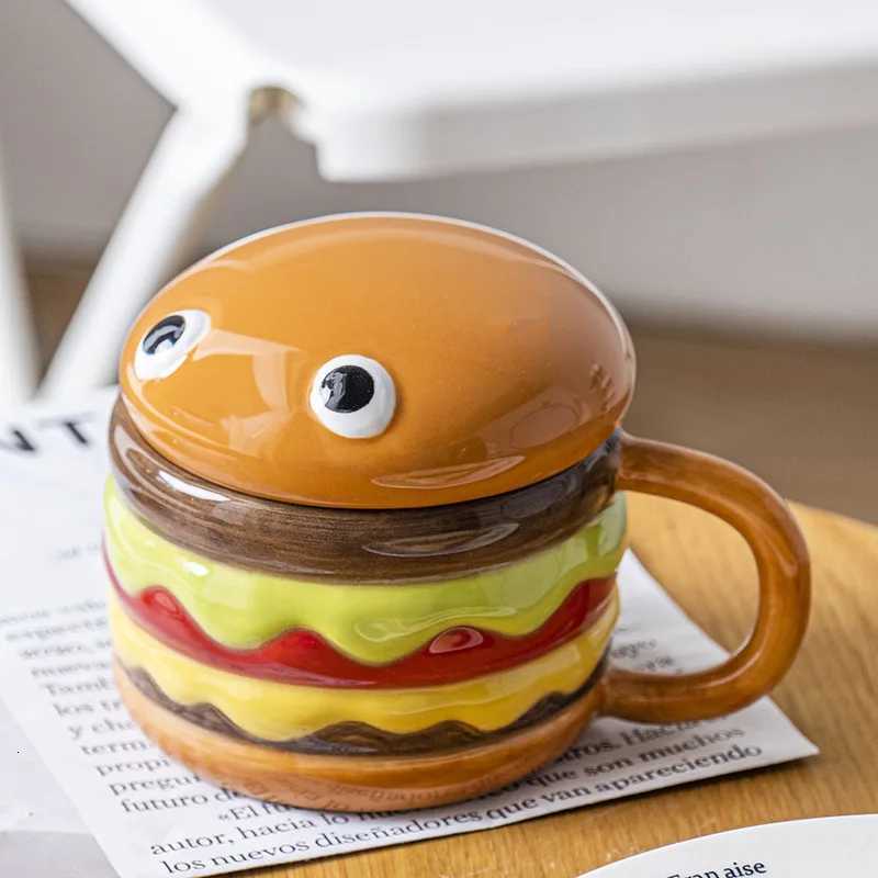 300ML Coffee Mugs Creative Hamburger Shaped Water Cup with Lid Cute and Cute Breakfast Cup Large Capacity Ceramic Hamburger Mug C251210