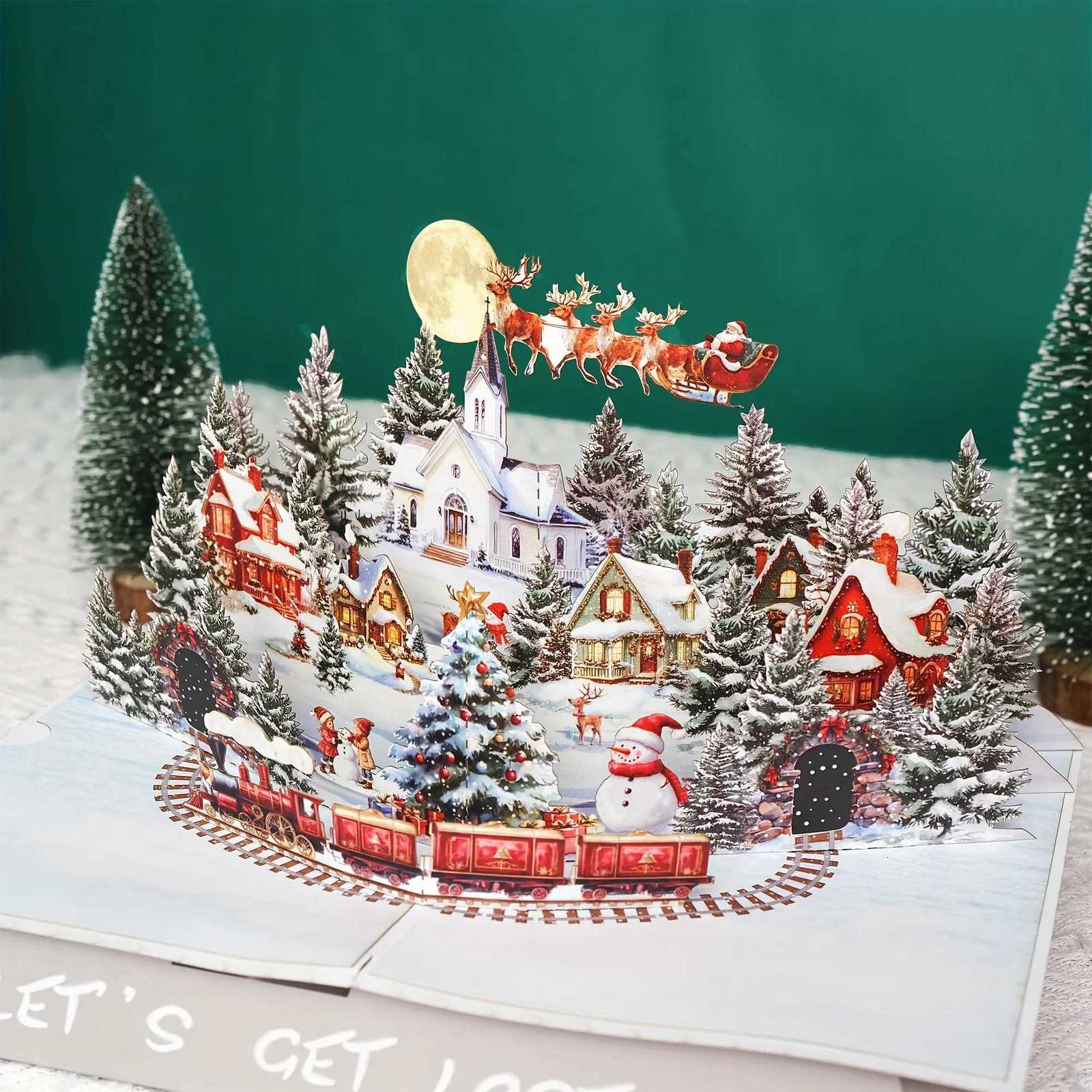 3D -Up Christmas Card with Santa Reindeer-Festive Snowy Village Holiday Greeting Card for Family Friends Moonlit Design H251210