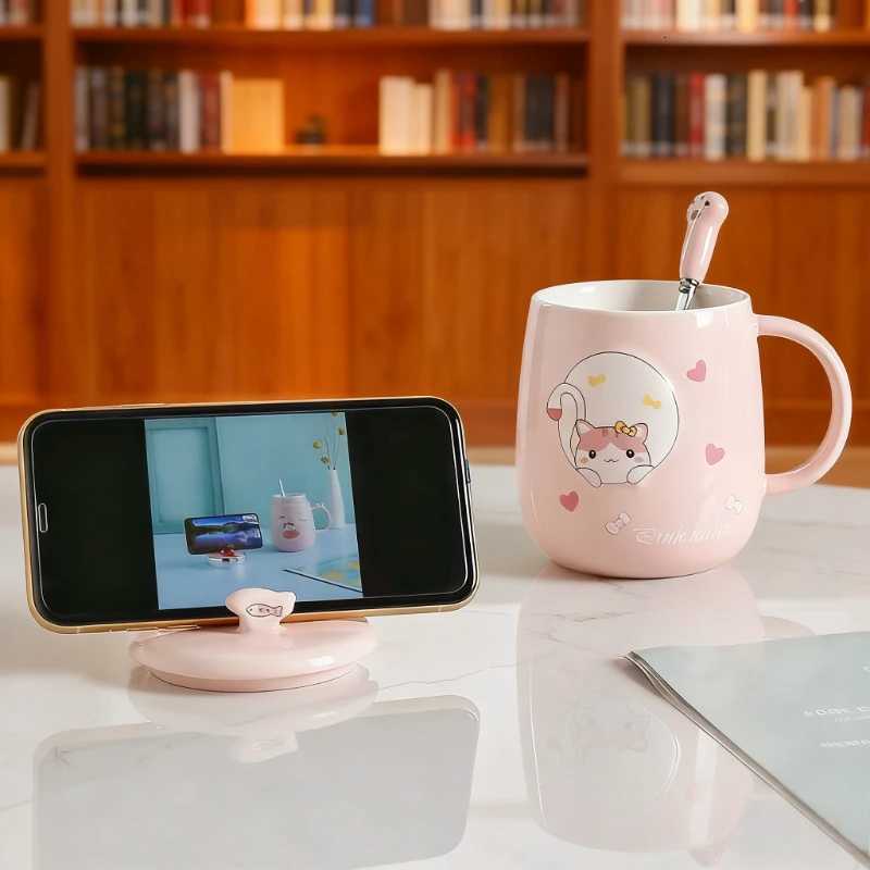 Cat-themed ceramic mug with lid and spoon cartoon style perfect for office or home use coffee cup mugs mug glass mug cup mugs C251210