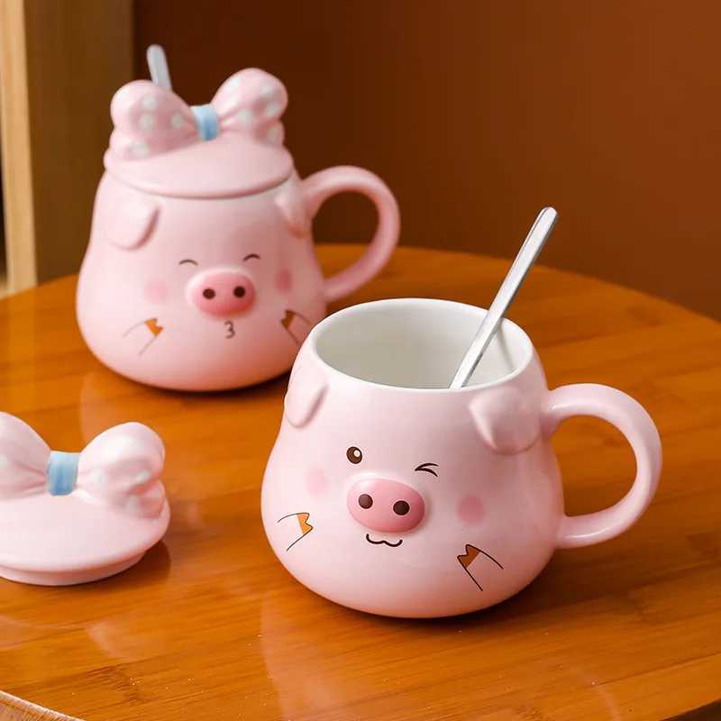 Creative Ceramic Pig Cups Cartoon Coffee Cup Covered Spoon 3D Drinkware Breakfast Milk Mug Afternoon Tea Lover Mugs Couple Gift C251210
