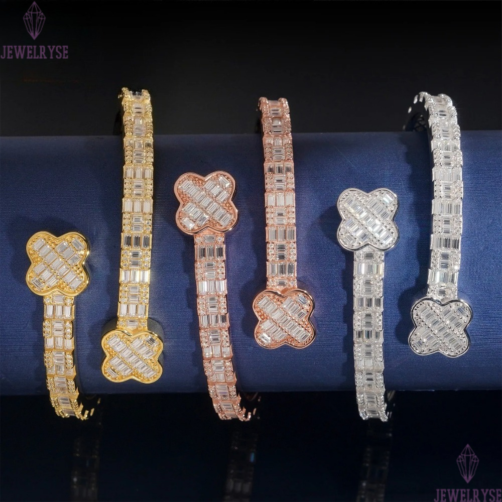 925 Sterling Silver Iced Out Hip Hop Jewelry VVS Moissanite Diamond Four Leaf Clover Bracelet Bangle Men