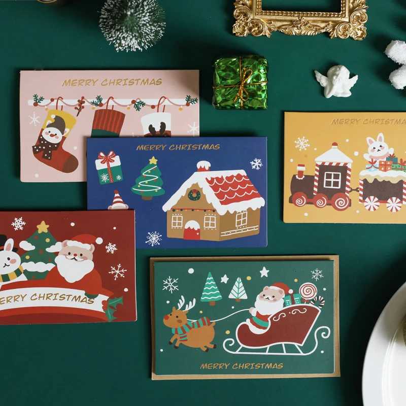 10PCS Christmas cartoon greeting card gift decoration card Christmas thank you greeting card with envelope rand style H251210