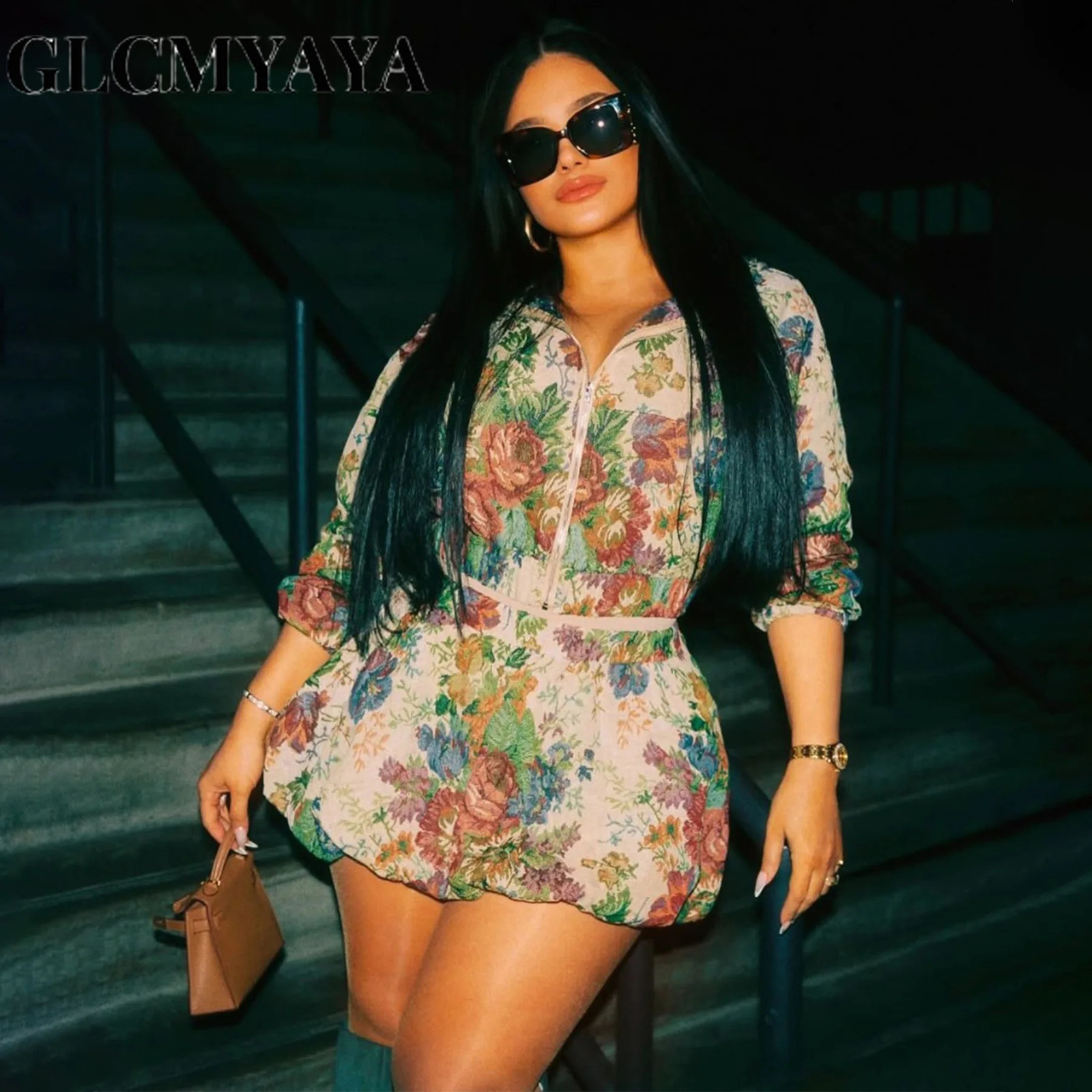 GLCMYAYA Womens Dress Set Long Sleeve Floral Print Tops Jackets and Mini Skirt Suit Fall Winter Two 2 Piece Sets Outfits 251205