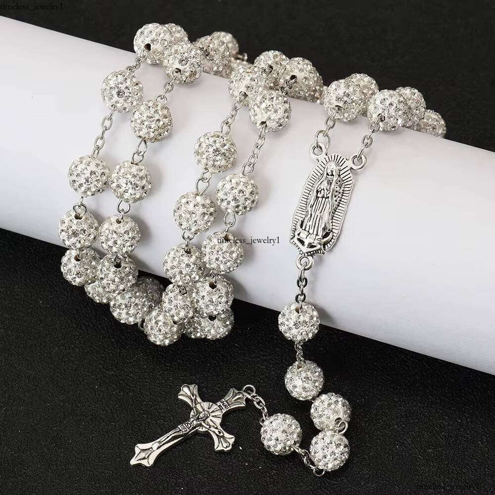 VVS Moissanite 10mm Rhinestone Beads Paved Disco Ball Beaded Necklace Shiny Polymer Clay Catholic Virgin Mary of Guadalupe Rosary