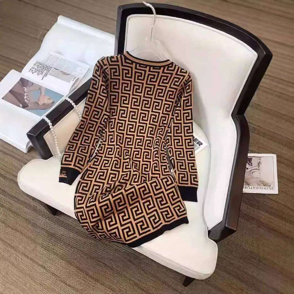 Autumn Winter New Long Sleeve Letter Knitted Dress Women's Fashion Simple Slimming Mini Skirt Style Polyester Fiber Round Neck