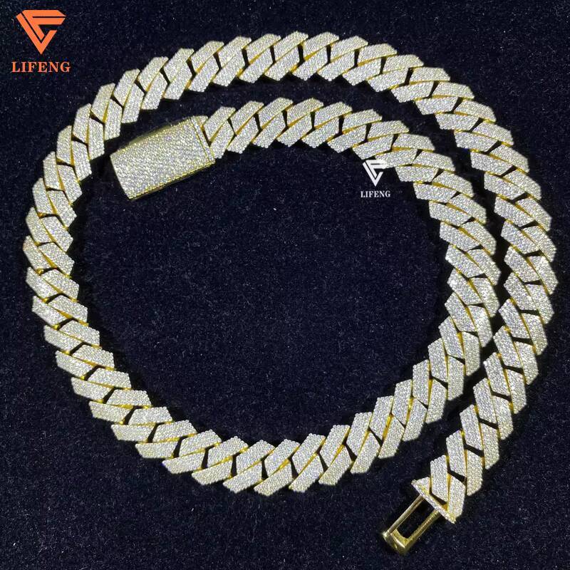 Lifeng Jewelry 15mm 18k Gold Plated Cuban Link Chain Iced Out Hiphop Miami Sterling Silver VVS Moissanite Cuban Chain Necklace