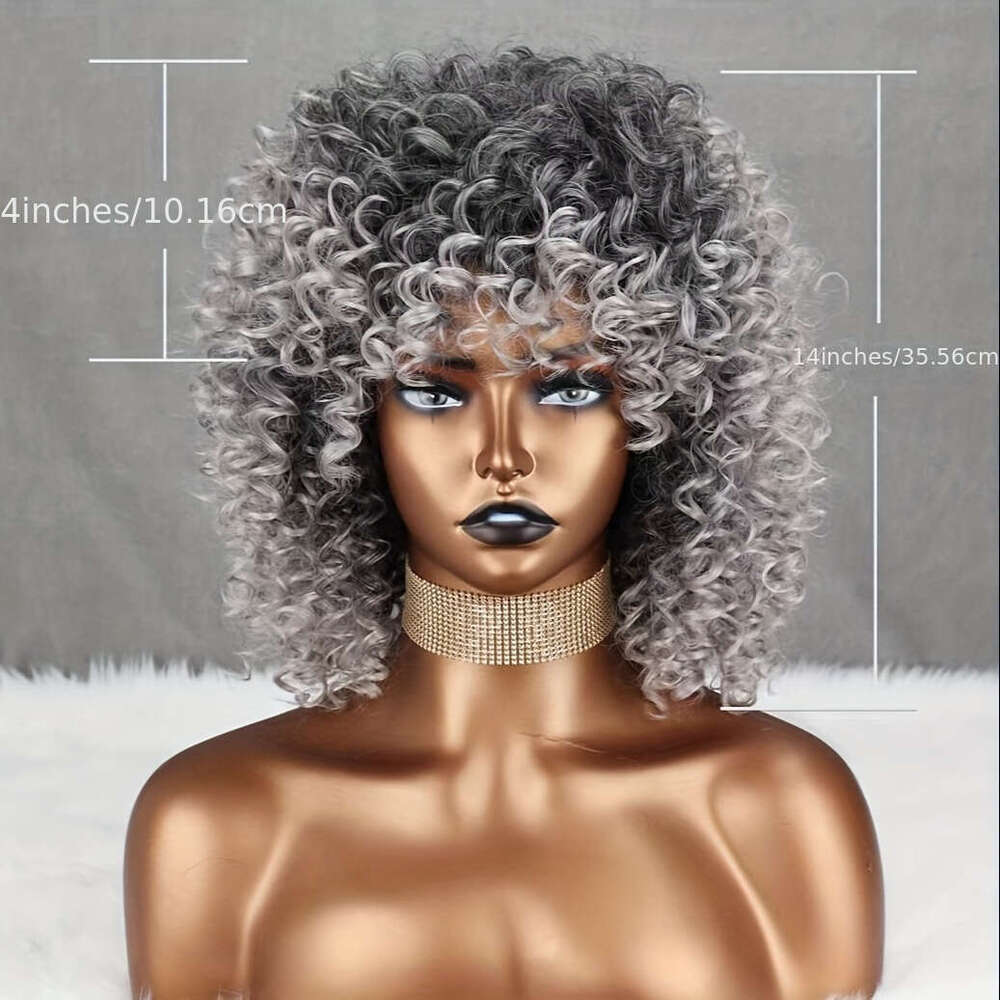 New European And N Small Curly Hair Gradation Silvery African Lady Wig Puffy Explosion Chemical Fiber High Temperature Protein Filaments Head Cover