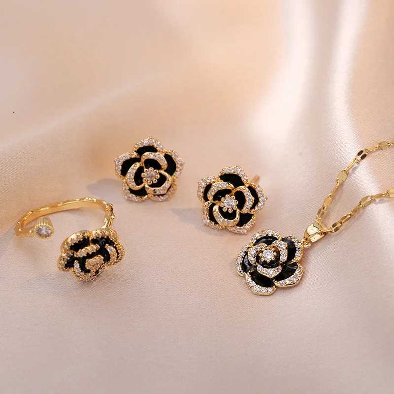 Stainl Steel Cute Black Zircon lia wer Pendant Necklace for Wen Charm Rose Earring Ring Choker Jewelry Set Gift Y251210