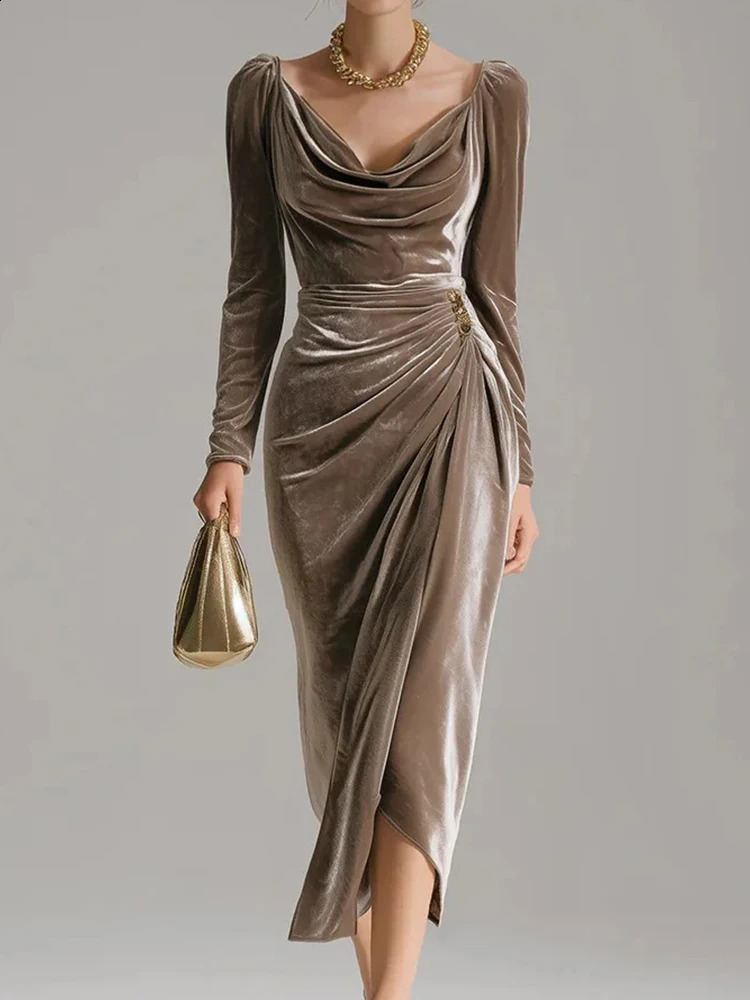 Office Lady Velvet Long Sleeve V-Neck Vintage Solid Mid-Length Draped Dress for Women - Elegant Autumn Winter Wear C260312