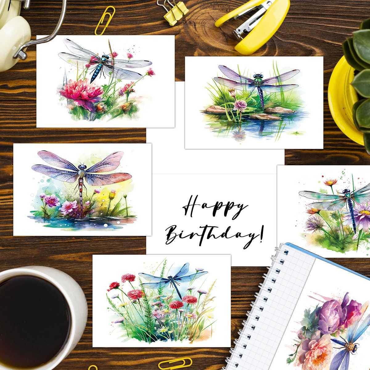 12pcs Watercolor Esign Dragoy Flower Greeting Cards With Envelopes For Thank You Gifts Birthday Congratation Wedding H251210