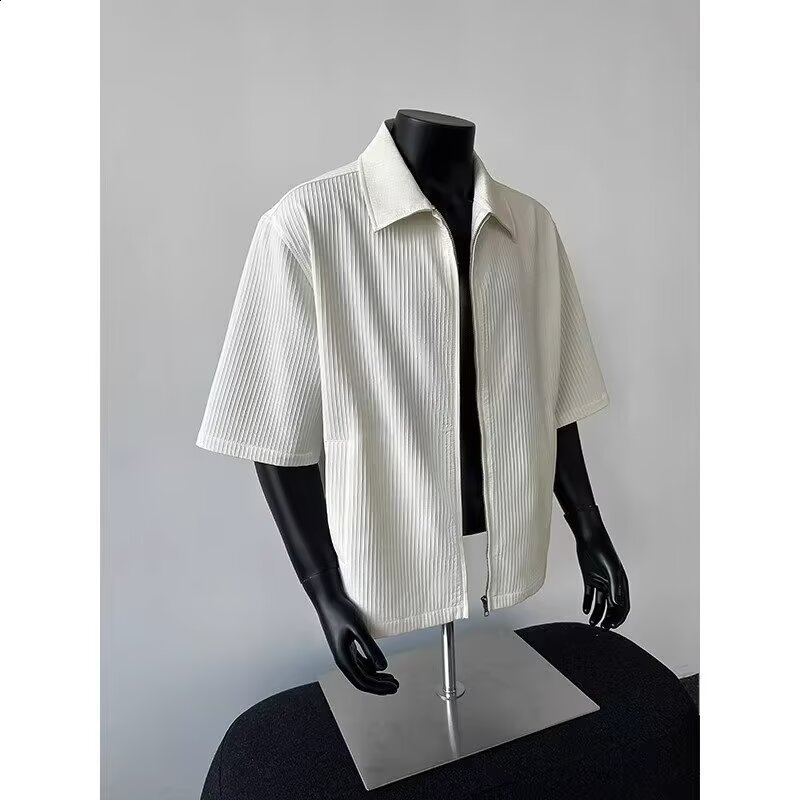 2024 Summer Leather Short Sleeve Y2K VIntage Harajuku Fashion T-shirt Mens Street Hip Hop Casual Collar Zipper T-shirt Top 241126