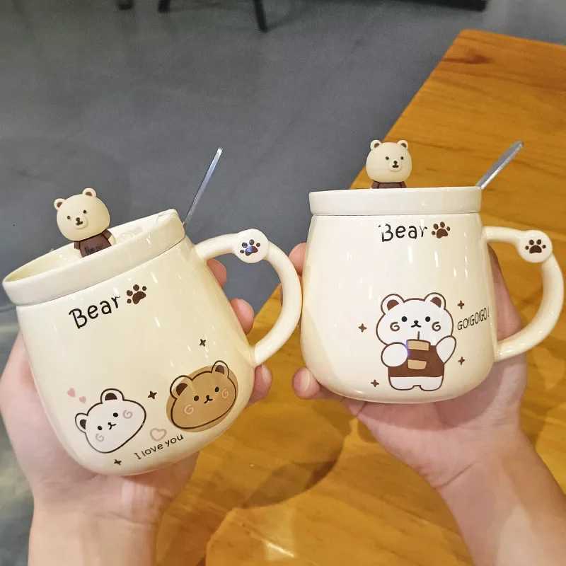 Creative Bear Ceramic MugCute Cartoon Coffee Mugs with Lid SpoonBreakfast Milk Drink CupsCouple Water CupOffice Tea Cup Set C251210