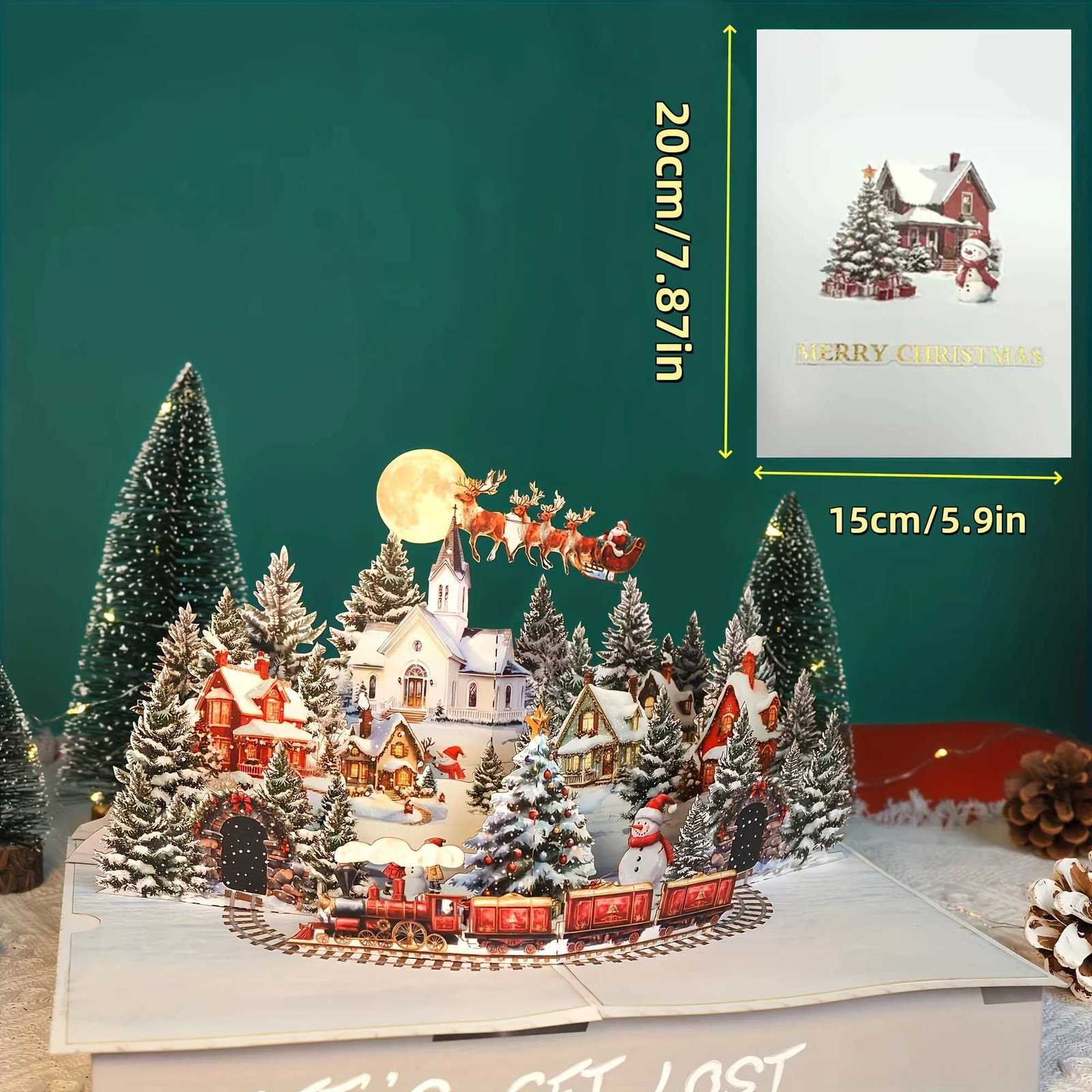 3D -Up Christmas Card with Santa Reindeer-Festive Snowy Village Holiday Greeting Card for Family Friends Moonlit Design H251210