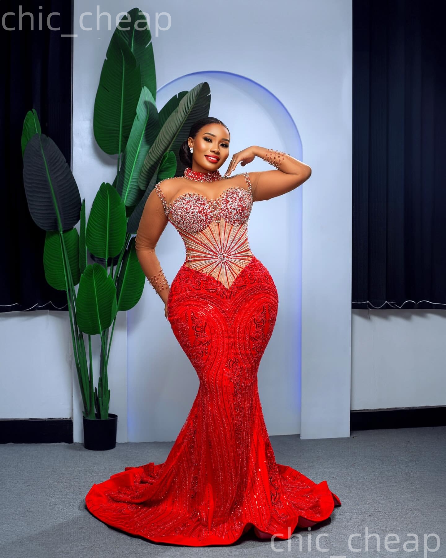 Aso Ebi Red Mermaid Prom Dresses 2026 Full Sleeves Beaded Crystals Evening Formal Party Second Birthday Engagement Gowns Plus Size Dress For Special O
