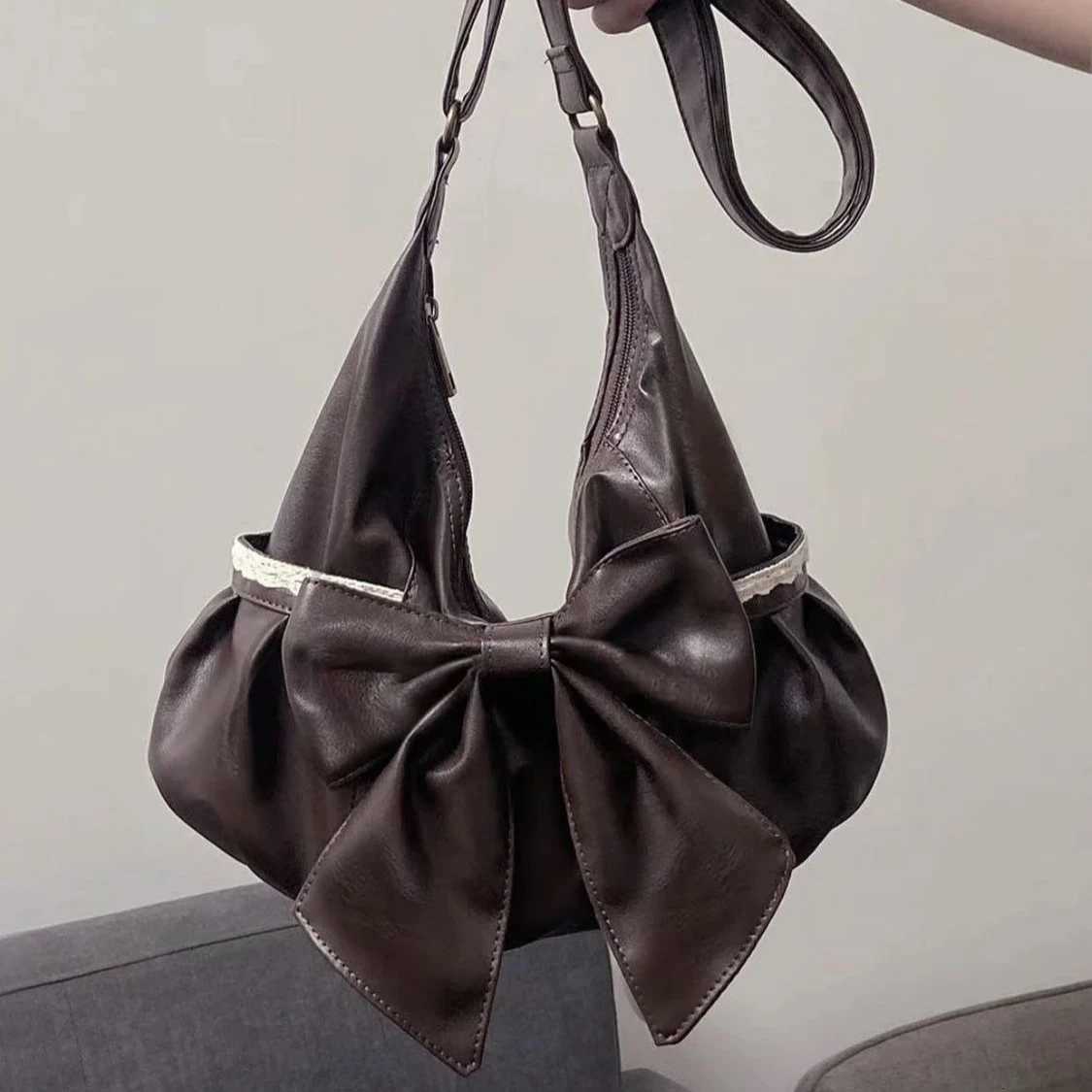 Japanese Fi Cute PU Leather Large Bow Y2k Large Capacity Tote Bag Shoder Bags Wallet Storage Bag Wan Bags Y251209