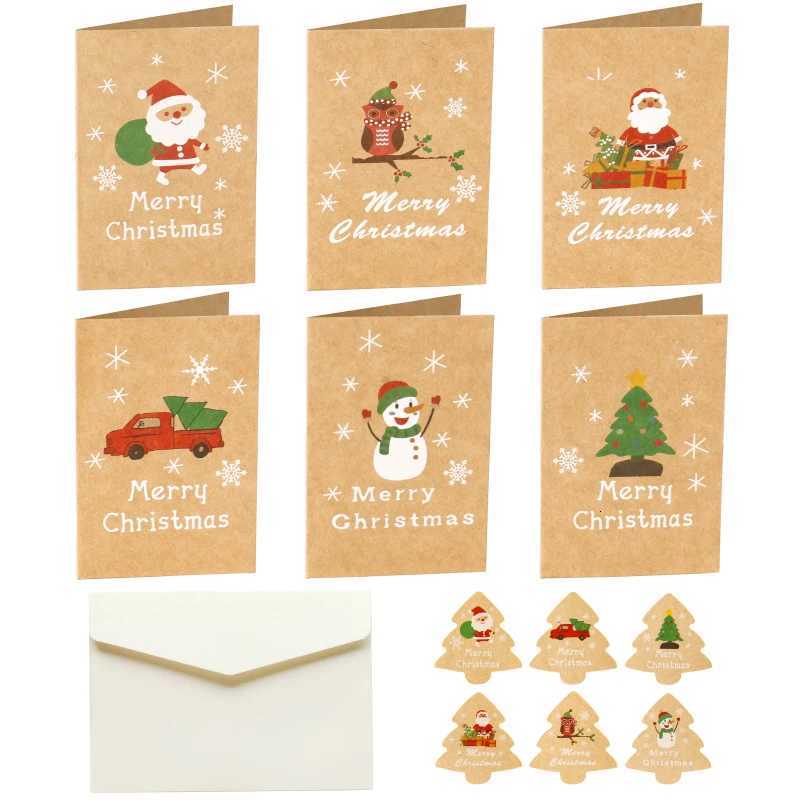6Sets Christmas Greeting Cards Vintage Kraft Gift Card with Envelope Sticker Santa Claus Reindeer Assorted Holiday Postcard H251210