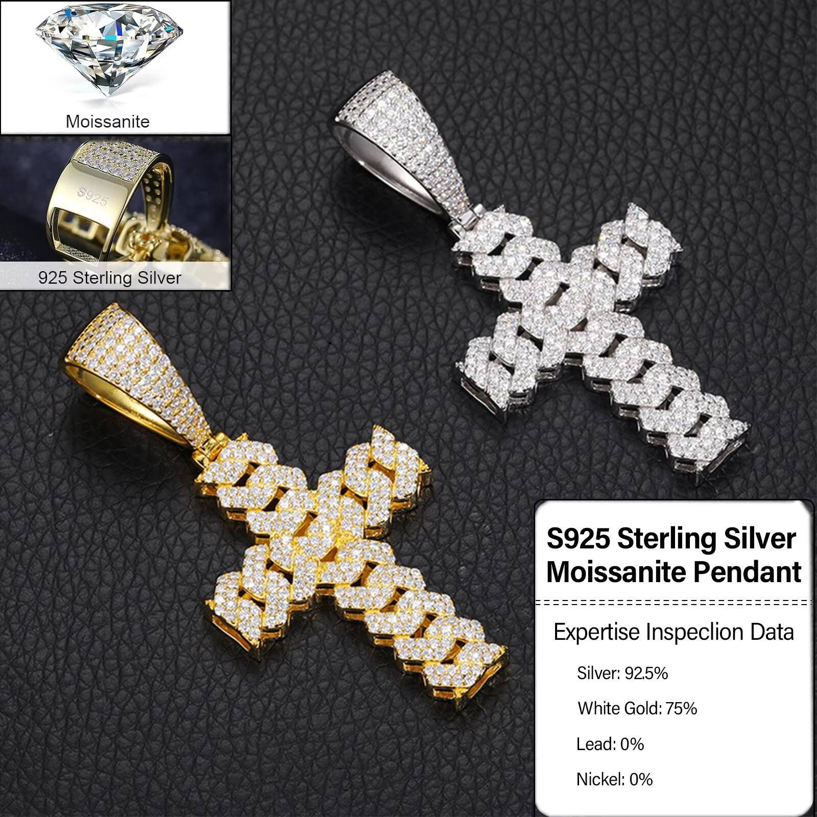 Bling Jewelry for Men Women Gift Gold Plated 925 Sterling Silver Hiphop Cross Pendant D Color Moissanite Hiphop Necklace
