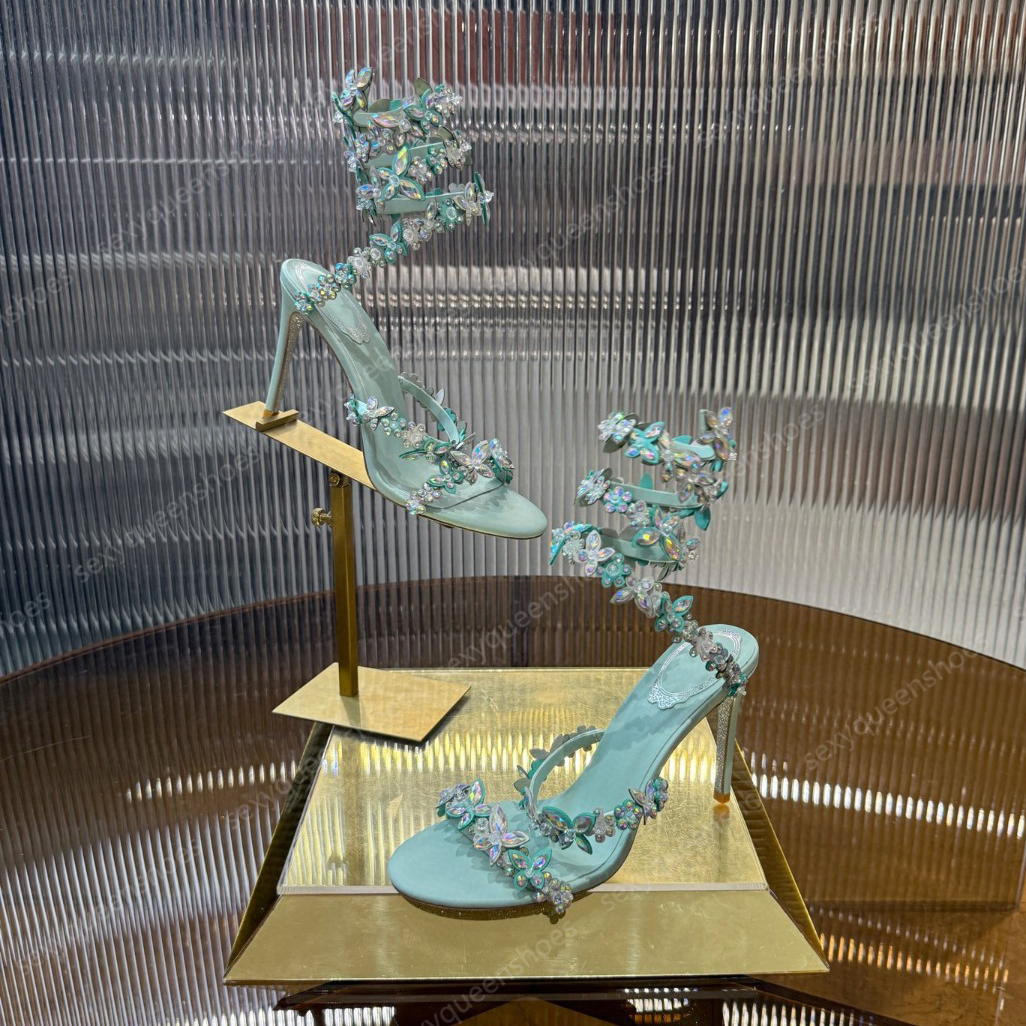 Rene high heel sandals with crystal bow women luxury designer shoes fashion light blue flower wedding shoes casual snake shaped wrapped ankle strap party shoes 34-43