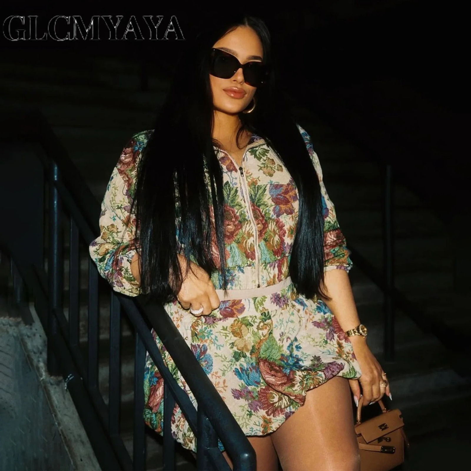 GLCMYAYA Womens Dress Set Long Sleeve Floral Print Tops Jackets and Mini Skirt Suit Fall Winter Two 2 Piece Sets Outfits 251205