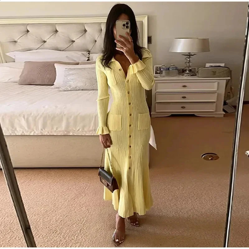 Elegant Knit Ribbed Single Breasted Long Dress Women Slim Lapel Flare Sleeve Pockets Female Dresses Autumn Lady Solid Robes 251210 C260311