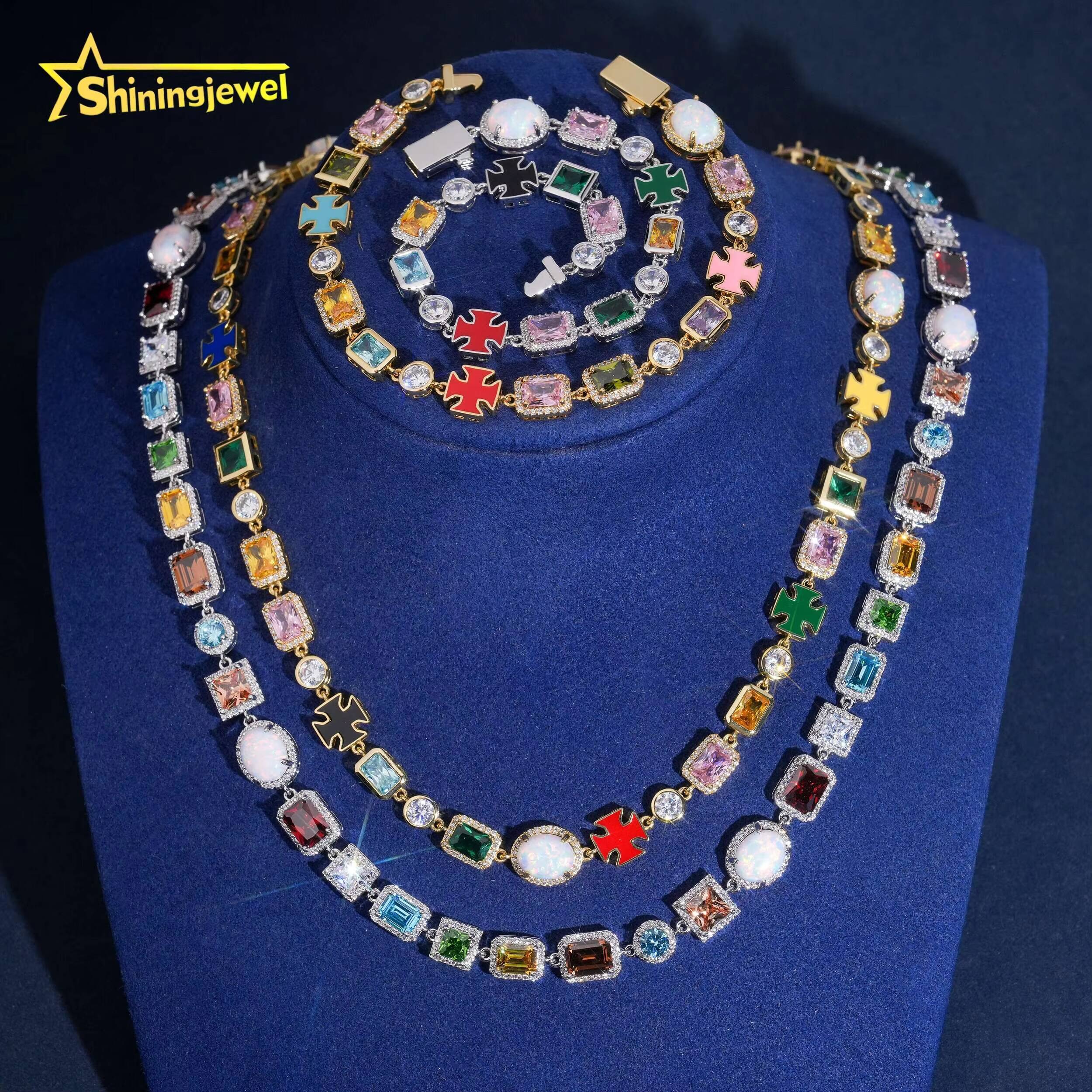 107mm Brass Necklace Iced Out 5A Cubic Zirconia Pink Blue Green Stone Hip Hop Fancy Mix Shape Diamond Jewelry Opal Necklace
