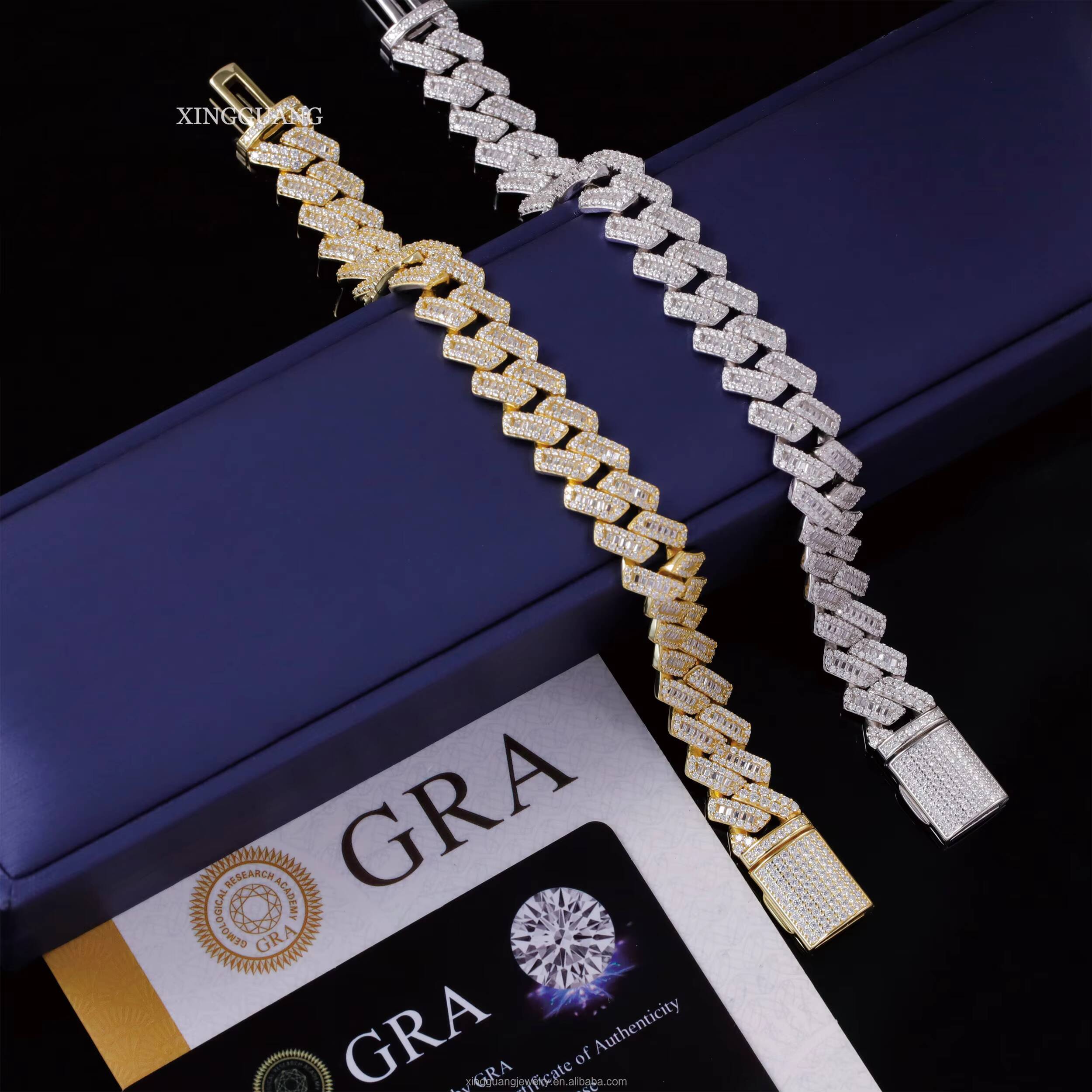 XingGuang 13mm Moissanite Cuban Link Chain VVS Baguette 925 Silver White Gold Plated Bracelet Hip Hop Cuban Chain