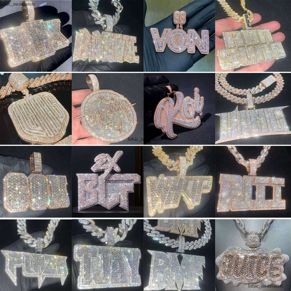 Ice out VVS Moissanite Personalized Custom Large Baguette Necklace Shiny Mossanite 3D Men's Pendant Hip Hop Rock Jewelry Fashion