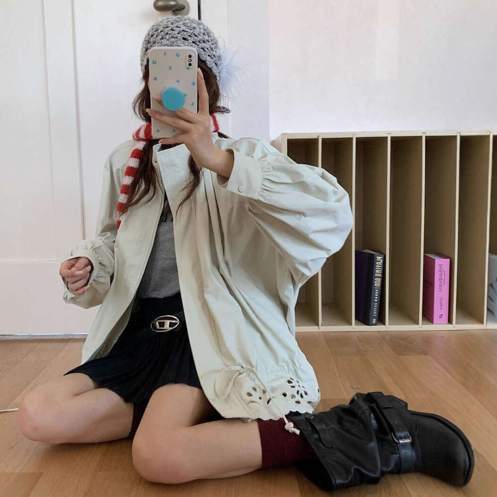 South Korea Autumn New Korean Style Design Stand Collar Flower Bud Hollow Drawstring Trench Coat Short Jacket For Women B5