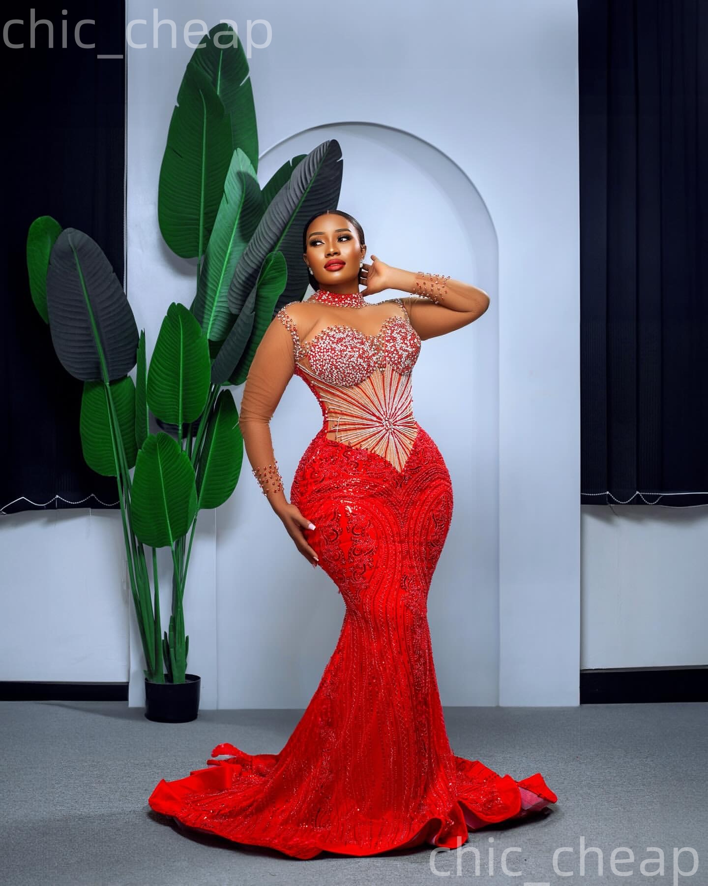 Aso Ebi Red Mermaid Prom Dresses 2026 Full Sleeves Beaded Crystals Evening Formal Party Second Birthday Engagement Gowns Plus Size Dress For Special O