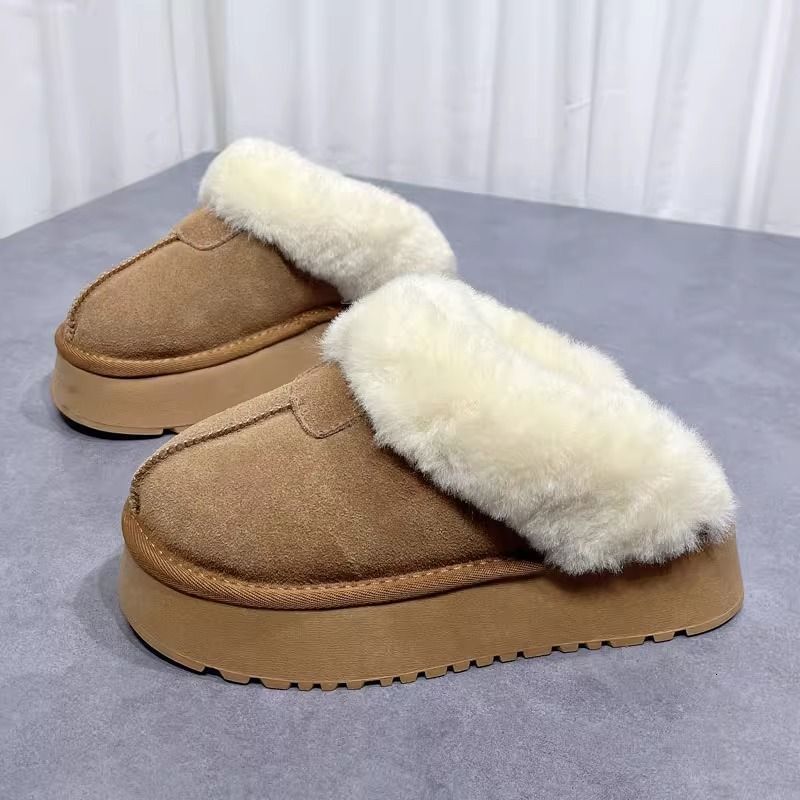 Designer Shoes Thick-Soled Snow Boots Women Winter Platform Sole Closed-Toe Height-Increasing Furry Slippers Thickened and Fleece-Lined for Outdoor We