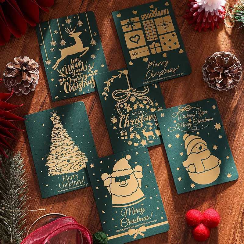 6pcs Christmas Greeting Card Red Green Hot Stamping Christmas Blessing Greeting Cards Envelope New Year Postcard Gift Card 2025 H251210