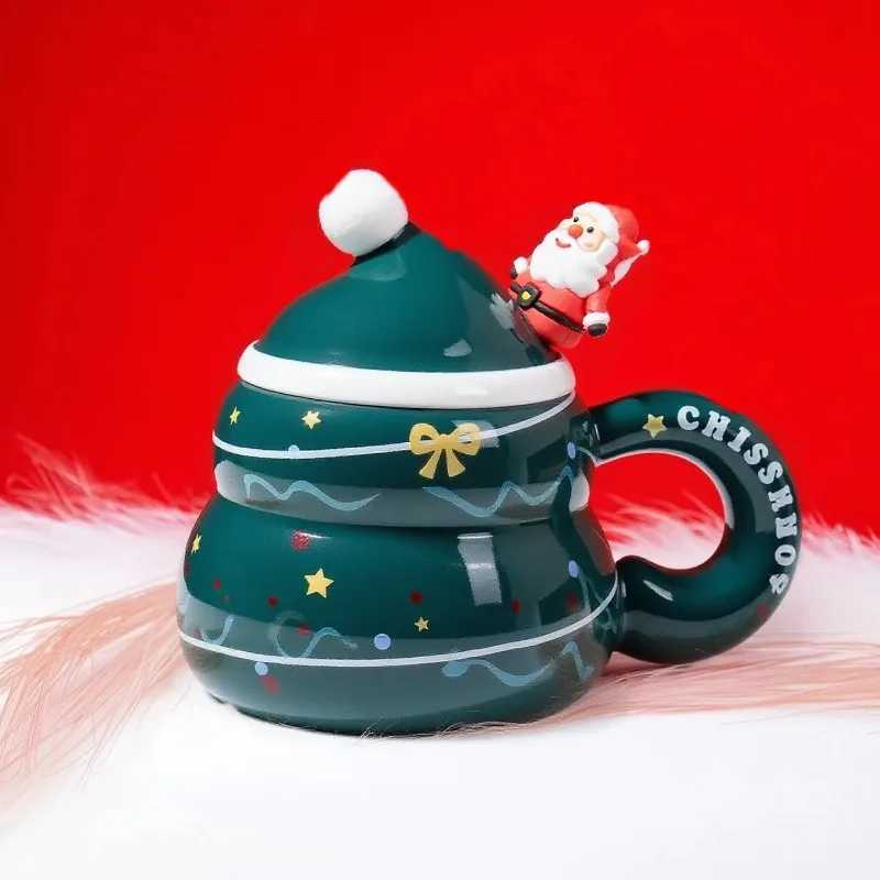 Christmas Ceramic Cup with Lid Spoon Large Capacity Cartoon Christmas Mug Home Holiday Atmosphere Gift C251210