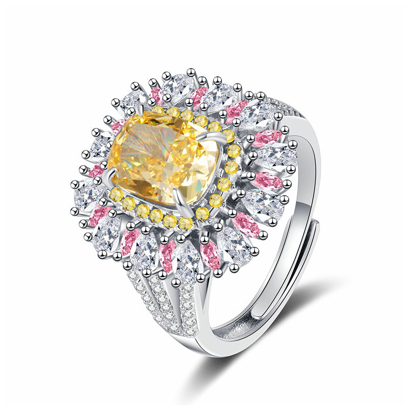 Luxurious Hari Candy Design S925 Sterling Silver Open Bangle Featuring 4 Golden Diamonds a Pink Sapphire Accent Designer Ring Jewelry