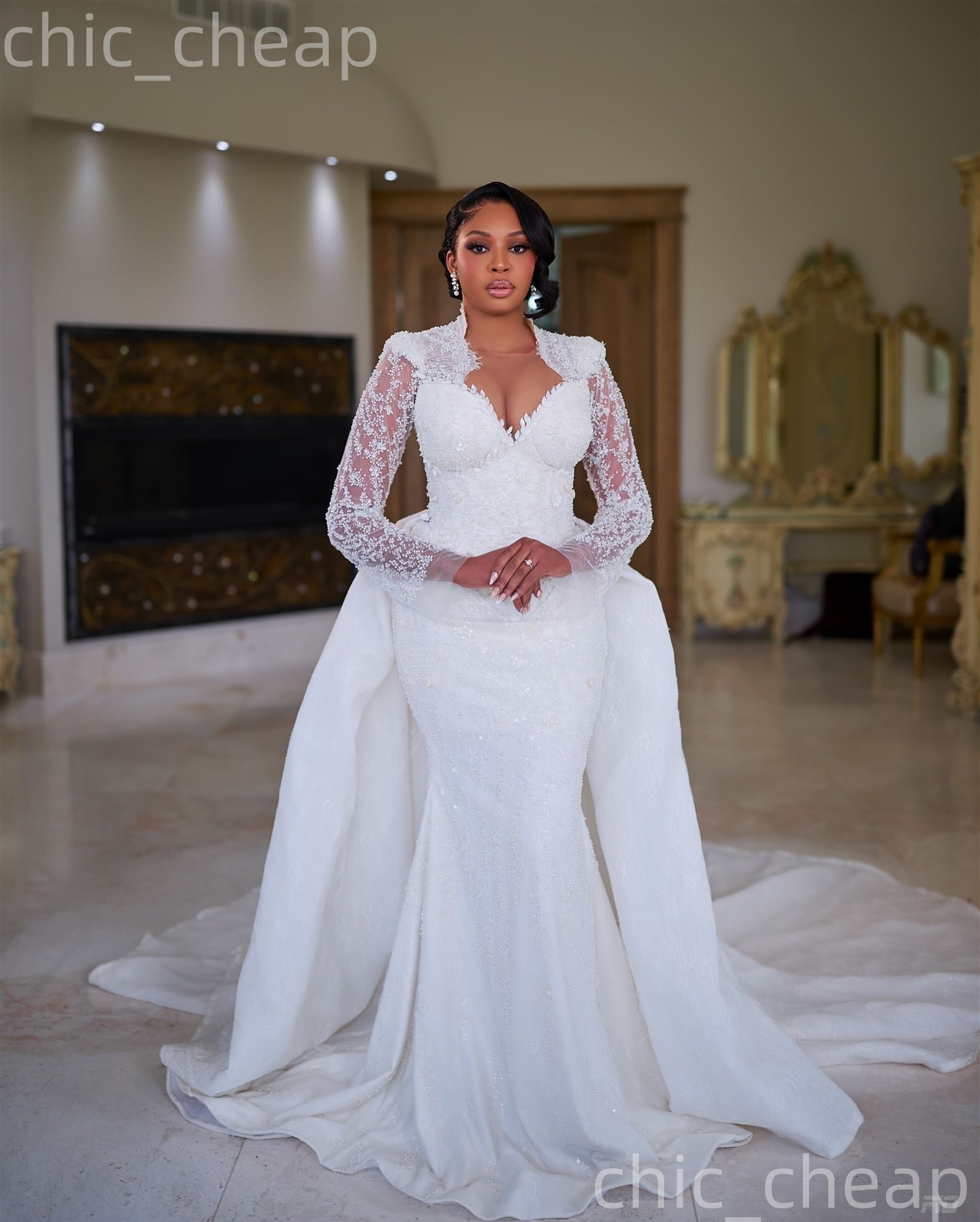 2026 Arabic Aso Ebi Plus Size Ivory Wedding Dresses Sheer Neck Full Sleeves Flowers Sequined Lace Detachable Train Bridal Gowns Dress For Brides ZJ205