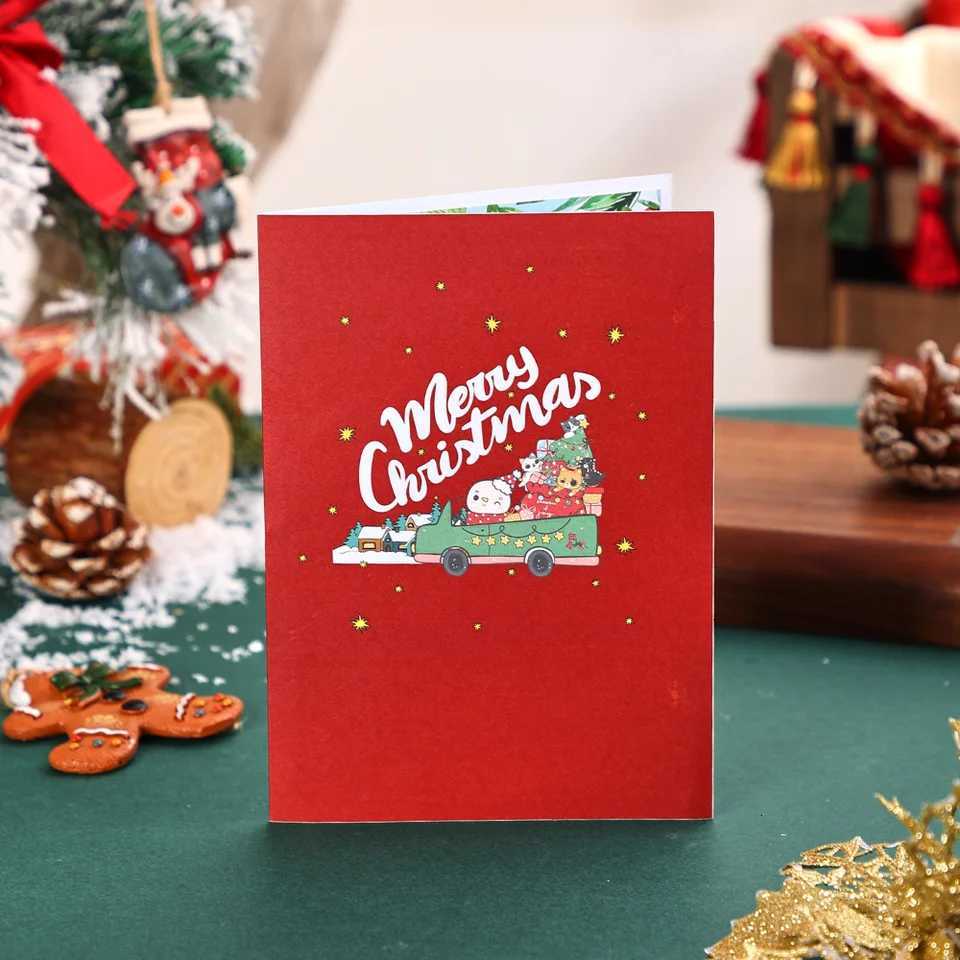 1pc Merry Christmas -Up Card Christmas Tree Woodland Reindeer Cardinal Poinsettia Greeting Card with Note Card and Envelop H251210