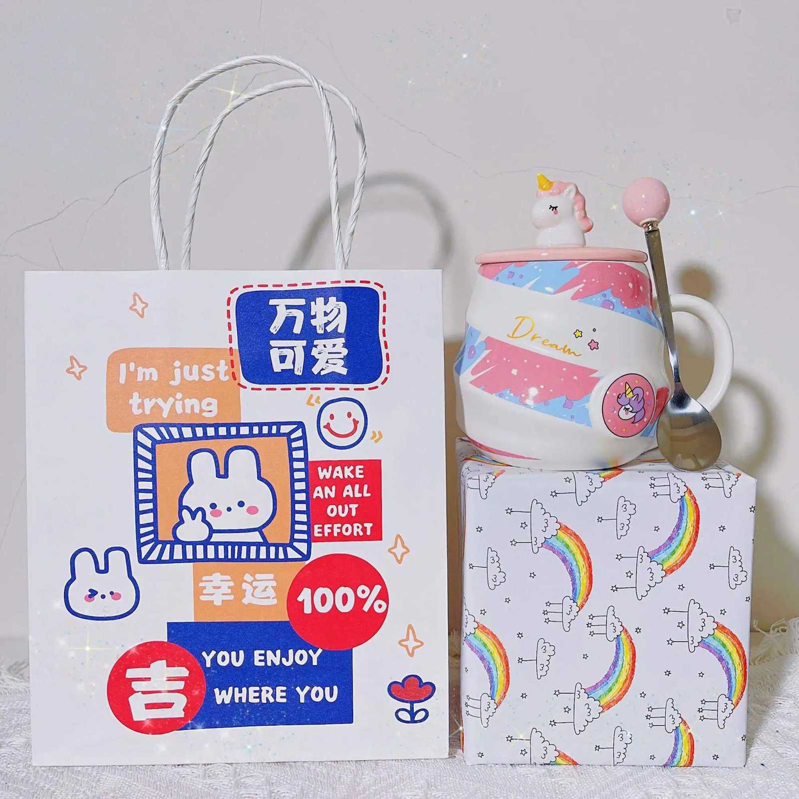 400ml Cute Unicorn Ceramic Cup Ins High Beauty Coffee Mug with Spoon Straw Box Dust Plug Small Summer Couple Water Cups Gift C251210