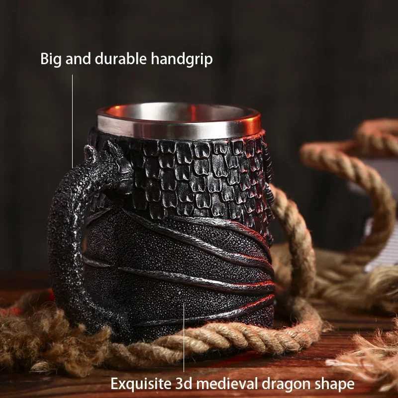 Medieval Dragon Resin Stainless Steel Beer Mug 600ml Retro Tankard Skull Coffee Cup Tea Mug Tumbler Pub Bar Decor Drop Shipping C251210