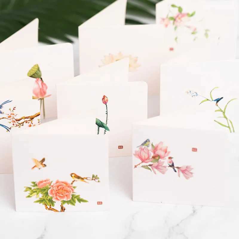 10Pcs/Set Chinese Style Flower Bird Greeting Cards Birthday Wedding Thank You Blessing Card Invitations for Mothers Fathers Day H251210